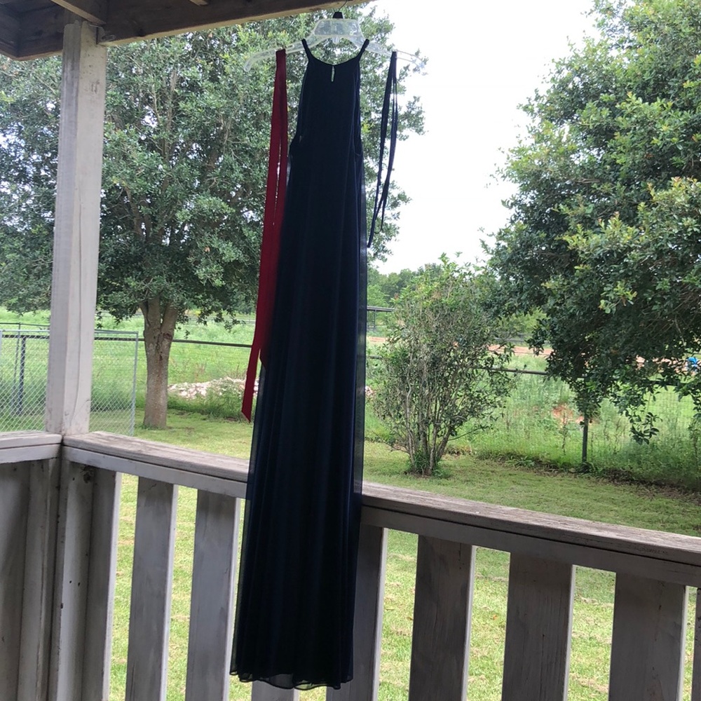 David’s bridal blue open back bridesmaid dress.